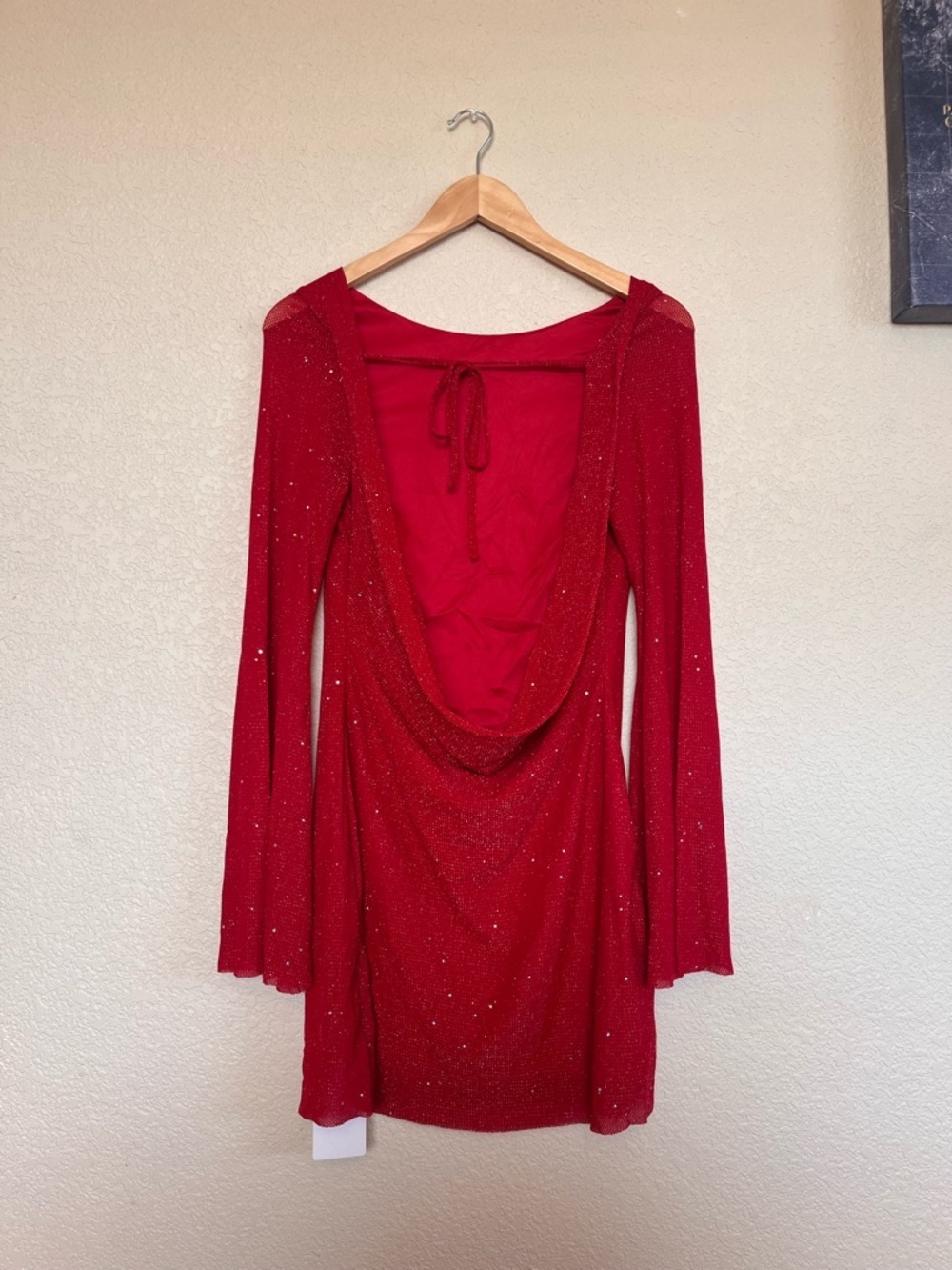 Women’s Sparkly Red Long-Sleeve Mini Dress with Open Back - Picture 5 of 12